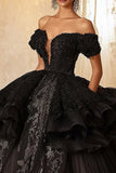 Sparkly Black Ball Gown Princess Maxi Ruffled Quinceanera Dress with Appliques