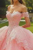 Pink Ball Gown Maxi Ruffled Quinceanera Dress with Appliques