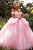 Princess Pink Ball Gown Long Appliqued Quinceanera Dress with Ruffles