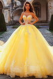 Yellow Strapless Tulle Ball Gown Princess Maxi Quinceanera Dress with Appliques