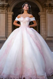 Princess White and Pink Ball Gown Tulle Quinceanera Dress with Appliques
