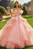 Pink Ball Gown Tulle Ruffled Maxi Quinceanera Dress with Applique