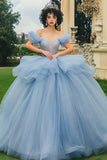 Glitter Dusty Blue Ball Gown Maxi Quinceanera Dress with Ruffles
