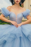 Glitter Dusty Blue Ball Gown Maxi Quinceanera Dress with Ruffles