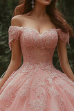 Princess Pink Tulle Ball Gown Maxi Quinceanera Dress with Lace