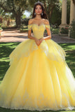 Yellow Tulle Ball Gown Appliqued Maxi Quinceanera Dress with Ruffles