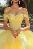 Yellow Tulle Ball Gown Appliqued Maxi Quinceanera Dress with Ruffles