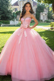Princess Pink Tulle Ball Gown Sweetheart Long Quinceanera Dress with Bow
