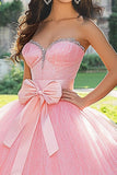 Princess Pink Tulle Ball Gown Sweetheart Long Quinceanera Dress with Bow