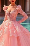 Pink Ball Gown Princess Tulle Quinceanera Dress with Long Sleeves