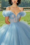 Sky Blue Ball Gown Tulle Corset Maxi Quinceanera Dress with Ruffles