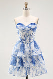 White Blue A Line Corset Short Floral Cocktail Dress with Ruffles