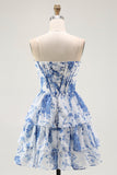 White Blue A Line Corset Short Floral Cocktail Dress with Ruffles