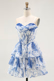 White Blue A Line Corset Short Floral Cocktail Dress with Ruffles