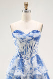 White Blue A Line Corset Short Floral Cocktail Dress with Ruffles