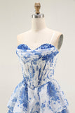 White Blue A Line Corset Short Floral Cocktail Dress with Ruffles