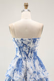White Blue A Line Corset Short Floral Cocktail Dress with Ruffles