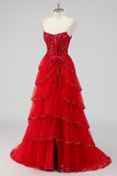 Sparkly Dark Red Sequins Corset Tiered Maxi Prom Dress with Slit