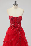 Sparkly Dark Red Sequins Corset Tiered Maxi Prom Dress with Slit
