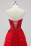 Sparkly Dark Red Sequins Corset Tiered Maxi Prom Dress with Slit