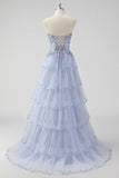 Sparkly Lavender Sequin Corset Tiered Maxi Prom Dress with Slit