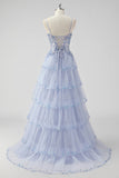 Sparkly Lavender Sequin Corset Tiered Maxi Prom Dress with Slit