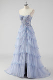 Sparkly Lavender Sequin Corset Tiered Maxi Prom Dress with Slit