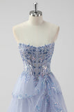 Sparkly Lavender Sequin Corset Tiered Maxi Prom Dress with Slit