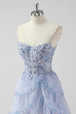 Sparkly Lavender Sequin Corset Tiered Maxi Prom Dress with Slit
