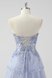 Sparkly Lavender Sequin Corset Tiered Maxi Prom Dress with Slit