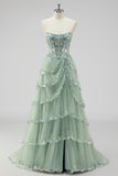 Sparkly Sage Green Sequins Corset Tiered Maxi Prom Dress with Slit