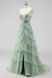 Sparkly Sage Green Sequins Corset Tiered Maxi Prom Dress with Slit