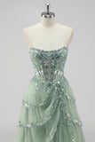 Sparkly Lavender Sequin Corset Tiered Maxi Prom Dress with Slit