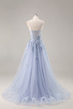 Maxi Sparkly Navy Corset Sweetheart Prom Dress with Appliques
