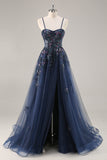 Maxi Sparkly Navy Corset Sweetheart Prom Dress with Appliques