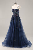 Maxi Sparkly Navy Corset Sweetheart Prom Dress with Appliques