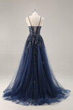 Maxi Sparkly Navy Corset Sweetheart Prom Dress with Appliques