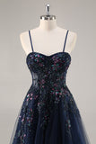 Maxi Sparkly Navy Corset Sweetheart Prom Dress with Appliques