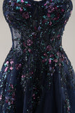 Maxi Sparkly Navy Corset Sweetheart Prom Dress with Appliques