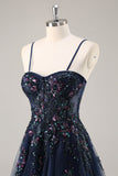 Maxi Sparkly Navy Corset Sweetheart Prom Dress with Appliques
