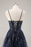 Maxi Sparkly Navy Corset Sweetheart Prom Dress with Appliques