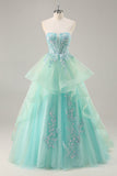 Sparkly Green Corset Strapless Maxi A Line Prom Dress with Ruffles
