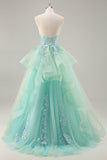 Sparkly Green Corset Strapless Maxi A Line Prom Dress with Ruffles