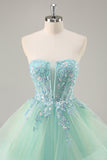 Sparkly Green Corset Strapless Maxi A Line Prom Dress with Ruffles