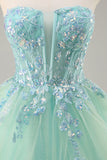 Sparkly Green Corset Strapless Maxi A Line Prom Dress with Ruffles