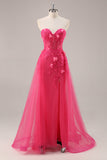 Fuchsia Floral Corset Sweetheart Appliqued Tulle Maxi Prom Dress with Slit