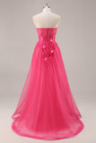 Fuchsia Floral Corset Sweetheart Appliqued Tulle Maxi Prom Dress with Slit