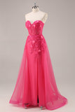 Fuchsia Floral Corset Sweetheart Appliqued Tulle Maxi Prom Dress with Slit