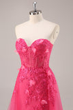 Fuchsia Floral Corset Sweetheart Appliqued Tulle Maxi Prom Dress with Slit