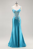 Blue Corset Appliqued Satin Mermaid Beaded Maxi Prom Dress with Slit